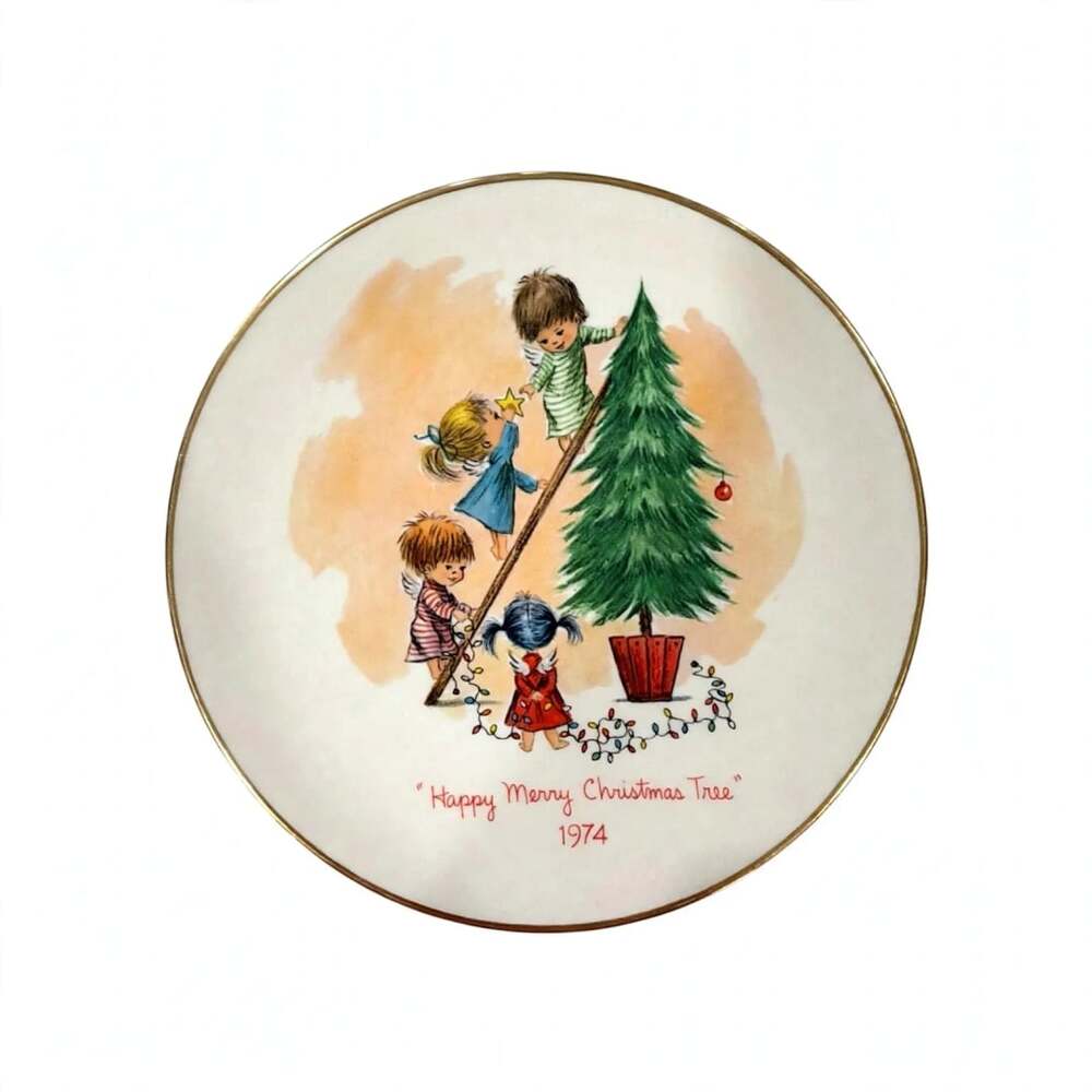 Vintage 1974 Happy Merry Christmas Tree Plate Angels Decorating Tree Gold Rim